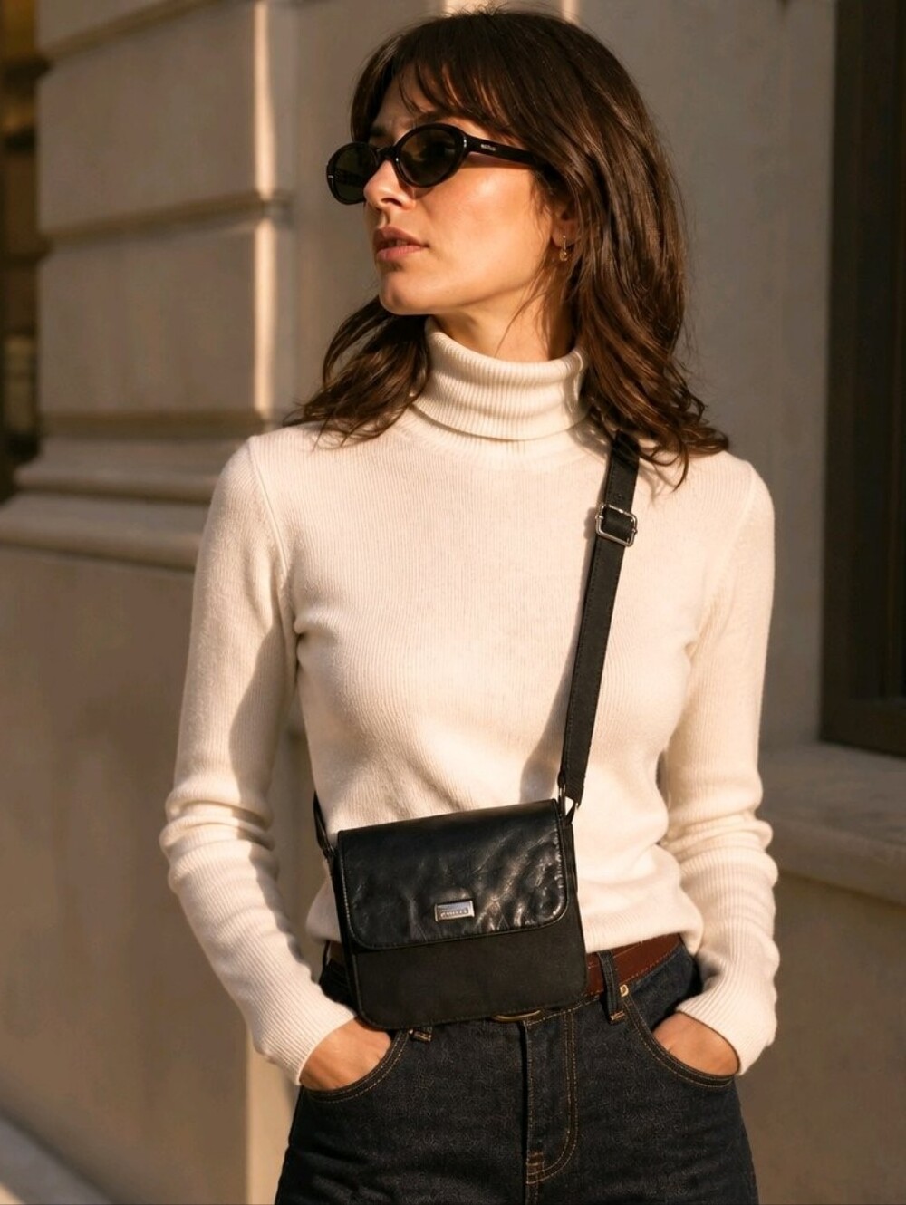 Vintage Perlina New York Black Mixed-Media Crossbody Utility Bag: Y2K Minimalist